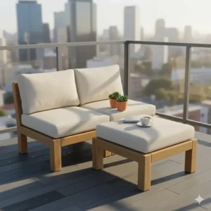 A compact two-piece modular outdoor furniture setup optimized for a small apartment balcony.