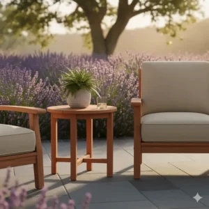 Convenient small square cedar side table to complement any arrangement of outdoor furniture.