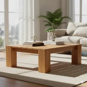 A low, minimalist teak coffee table with clean lines, representing a modern aesthetic in teak furniture design.
