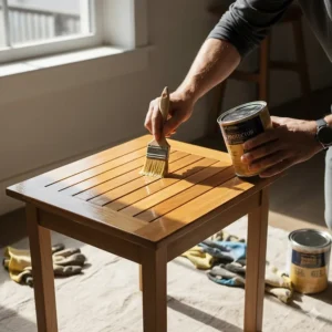 Image of a person applying teak sealer or oil to a small teak furniture table to maintain its original warm, honey color.