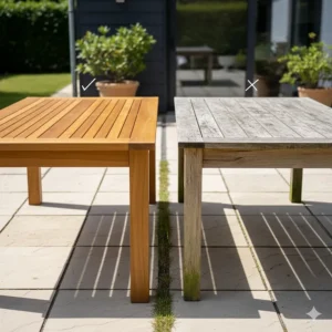 Side-by-side visual comparing a sleek teak furniture table with a faded, less durable alternative like pine or eucalyptus wood.