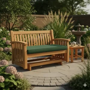 Durable teak wood outdoor patio furniture glider bench for garden seating.