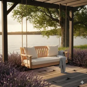 Traditional two-person cedar porch swing, showcasing the smooth finish of quality cedar wood furniture.