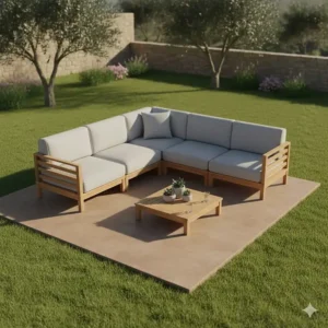 Top-down illustration of a U-shaped modular outdoor seating layout designed for large group entertaining.