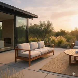 Three-seater mid century modern outdoor sofa with clean lines and angled legs, offering comfortable patio furniture.