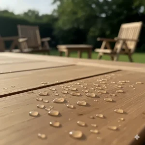 A close-up demonstrating the water-repellent qualities of the freshly oiled surface, with small beads of water forming on the treated teak.