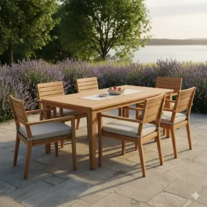 Durable, weather-resistant cedar outdoor dining table and chair set for hosting family meals.
