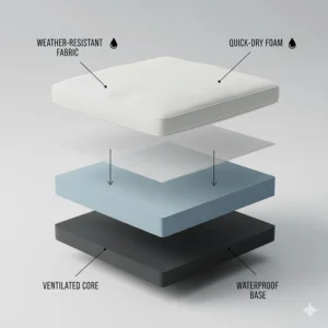 Exploded view illustration of waterproof fabrics and quick-dry foam used in modular outdoor furniture.