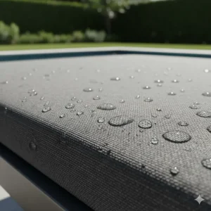 Detailed view of UV-resistant and waterproof upholstery on a Four Hands outdoor furniture lounge chair.