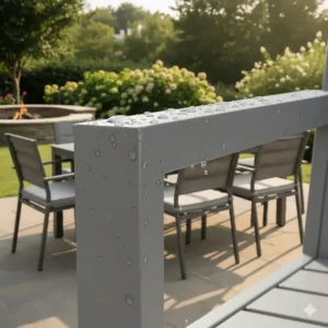 A powder coated metal patio chair with a few raindrops, highlighting its weather and rust-resistant properties for long-lasting use.