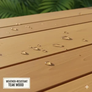 Close-up illustration of weather-resistant teak wood used for outdoor high top tables.