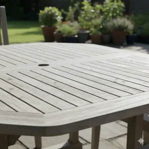 A classic teak furniture table that has naturally weathered to a desirable silvery-gray patina, illustrating its outdoor longevity.