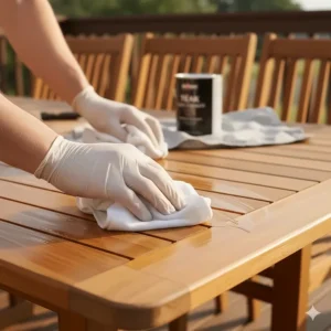 Using a clean, lint-free cloth to wipe off excess teak oil after the initial application, ensuring a smooth finish on the wooden patio set.