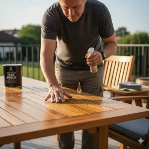 A depiction of yearly maintenance, showing someone inspecting their outdoor teak dining set to determine if it needs a new coat of protective teak oil.