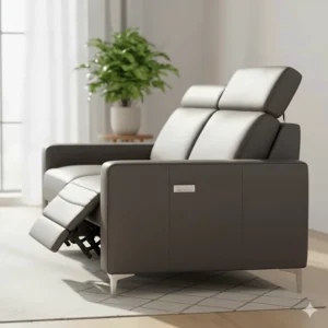 Side view of a leather reclining sofa with an adjustable motorized headrest.