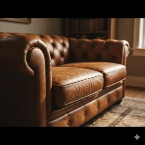 A vintage top grain leather sofa showing how the material develops a beautiful natural patina over time.