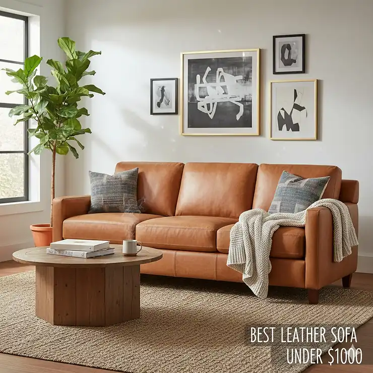 A stylish cognac leather sofa in a modern living room, representing the best leather sofa under $1000.