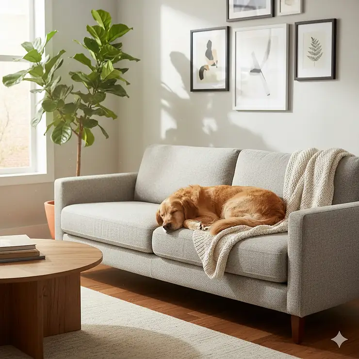 A golden retriever sitting on a gray pet-friendly sofa with scratch-resistant fabric in a modern living room. pet friendly sofa