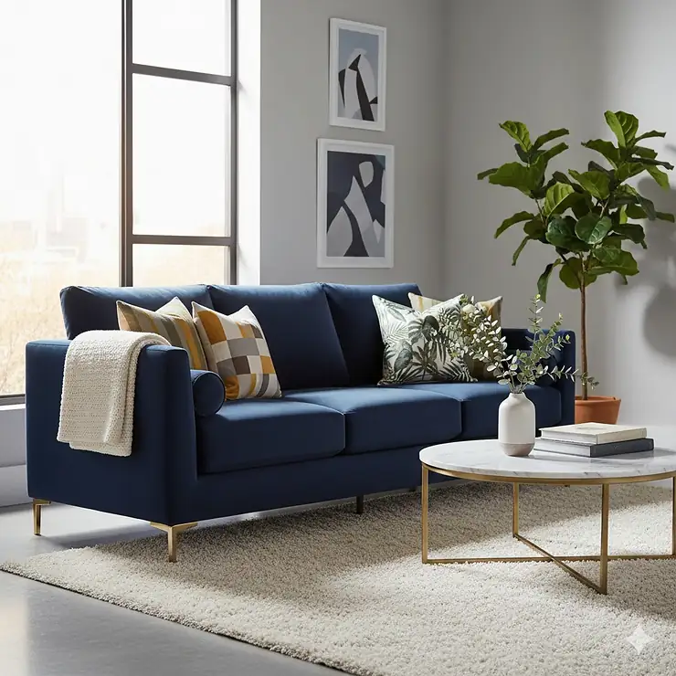 A luxurious navy blue velvet sofa with gold legs styled in a bright, modern living room. best velvet sofa
