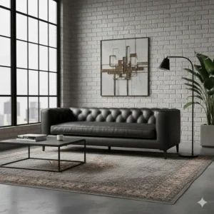 Sleek black leather Chesterfield couch in an industrial loft-style apartment.
