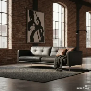 Sleek black leather sofa under $1000 styled in an industrial loft setting.