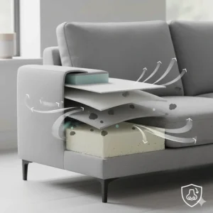 Graphic representation of air flowing through sofa layers to illustrate odor-resistant technology for pets.