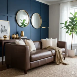 A dark brown leather sofa contrasted against a navy blue accent wall with gold decor.