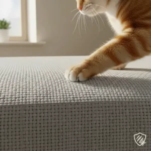 Close-up illustration of a cat’s claws interacting with durable pet-friendly sofa upholstery without snagging.
