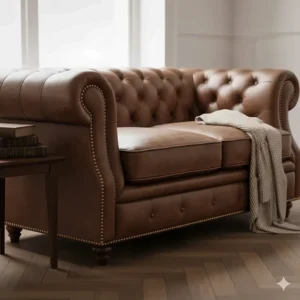Classic tufted Chesterfield brown leather sofa with deep buttoning and rolled arms.