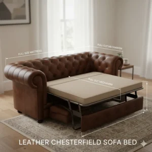 Illustration of a leather Chesterfield sofa bed showing the pull-out mattress mechanism.