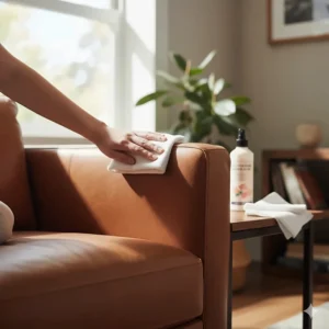 A person using a soft cloth to clean and maintain a top grain leather sofa to ensure longevity.