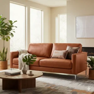 A mid-century inspired modern leather sofa in a cognac tan finish.