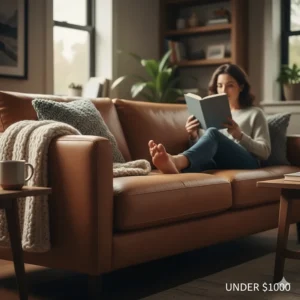 High-density foam cushions on a comfortable leather couch for under $1000.