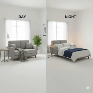 A split-screen illustration showing a sofa during the day and a bed at night for small space living.