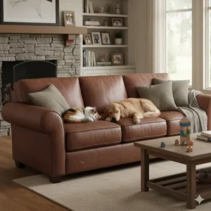 Family-friendly brown leather sofa in a cozy den setting, showcasing its durable and pet-friendly surface.