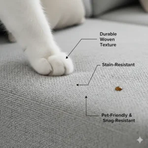 Close-up illustration of pet-friendly, durable fabric options for a small space sleeper sofa.