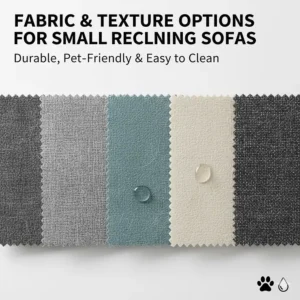 Illustration of various pet-friendly and durable fabric swatches for a small reclining couch.