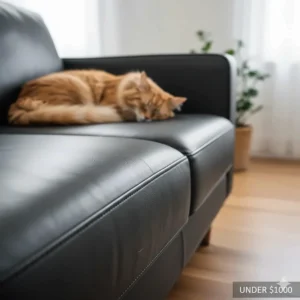 Close-up of scratch-resistant vegan leather material on an affordable sofa under $1000.