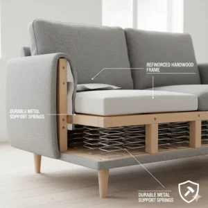 Illustration of the reinforced internal wooden frame of a heavy-duty pet-friendly sofa.