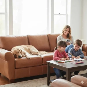 A family sitting on a durable top grain leather sofa, highlighting its scratch-resistant and pet-friendly qualities.