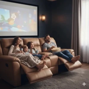 A family relaxing on a comfortable tan leather reclining sofa in a home theater.