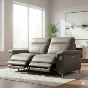 A grey leather reclining sofa shown in its fully extended lounge position.