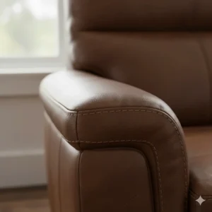 Macro shot showing the durable grain and stitching of a high-quality leather reclining sofa.