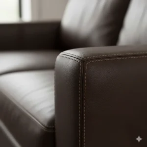 Detailed illustration of reinforced hand-stitching on a modern leather sofa cushion.