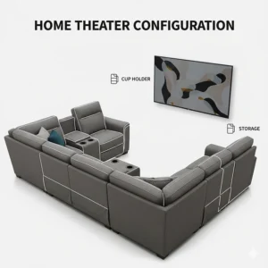 Illustration of a modular power reclining sectional sofa configured for a home media room with cup holders and storage consoles.