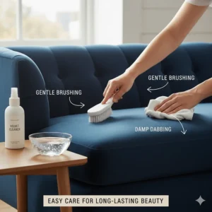 Illustration of a hand gently cleaning a velvet sofa with a soft brush and damp cloth.