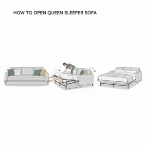 Illustration of the conversion process from a seated sofa to a queen-size bed.