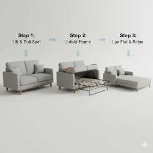 Illustration of the easy pull-out mechanism of a convertible sleeper sofa for small spaces.