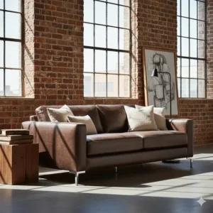 An industrial-style loft featuring a dark brown top grain leather sofa with metal legs and brick walls.