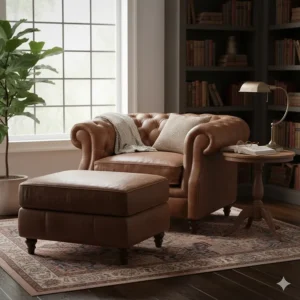 A matching leather Chesterfield armchair and footstool set in a cozy reading nook.